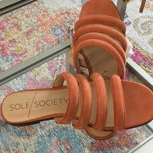 SOLE SOCIETY Orange Suede Banded Slides